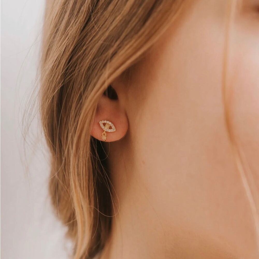 JAXKELLY NIP Mother of Pearl CZ-encrusted Evil Eye Petite  Drop Stud Earrings